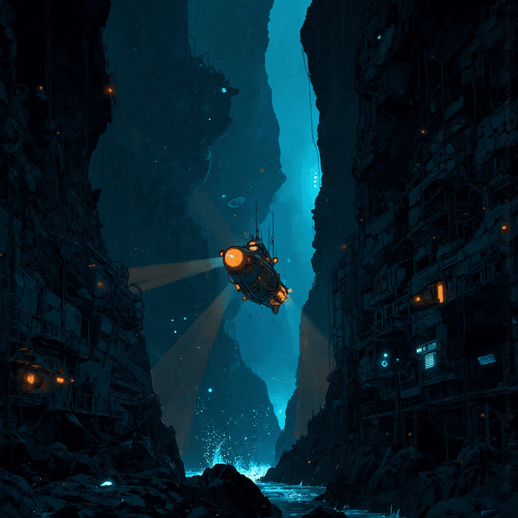 AI generated: A cinematic, three-quarter view of the Trieste bathyscaphe, a deep-sea exploration vessel descending...