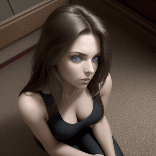 AI generated: close-up of an alluring woman kneeling on the carpeted floor, from above, long tousled brunette hair...