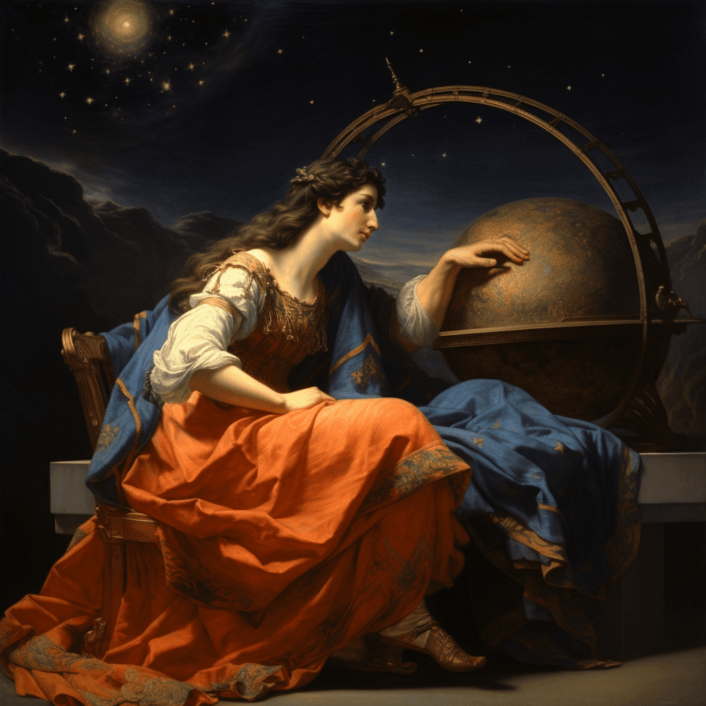 AI generated: Apollo, God of Light, Eloquence, Poetry and the Fine Arts with Urania, Muse of Astronomy (Oil on Can...