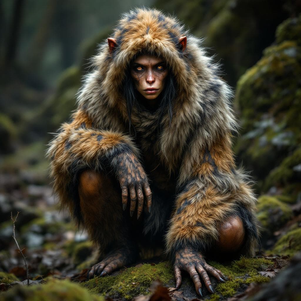 AI generated: hominid slightly more human looking female wearing  various animal pelts covering her,  crouching on...