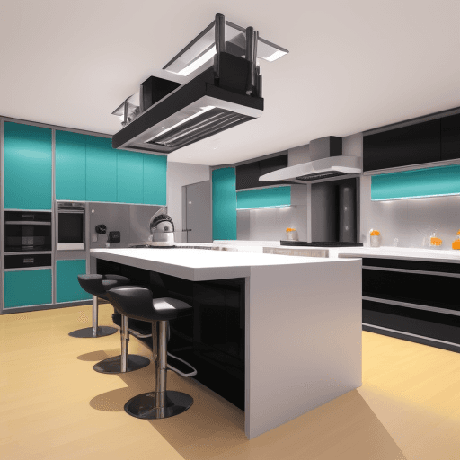 AI generated: modern kitchen with robots and clients are robots also anime style
