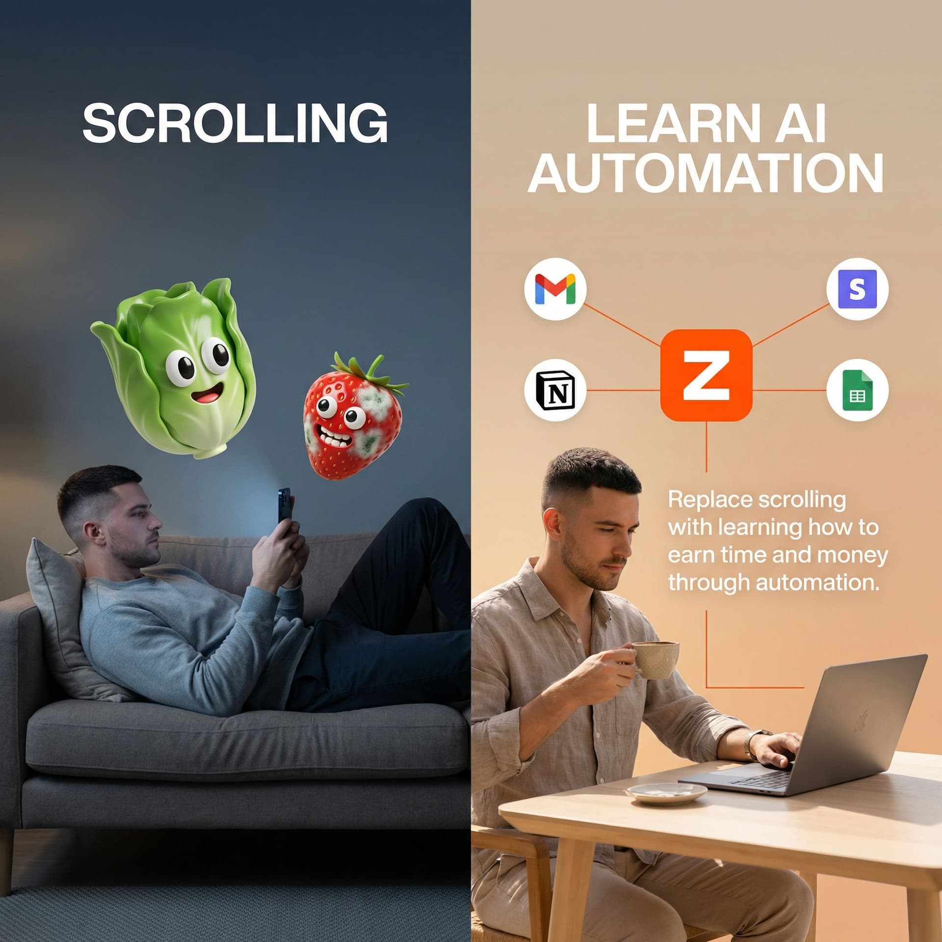 AI generated: Minimal split-screen advertising image with a clean, modern lifestyle aesthetic.
The image is vertic...