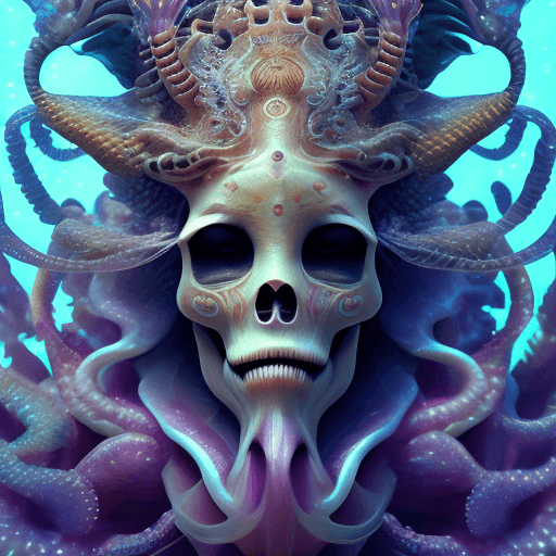 AI generated: Goddess close-up portrait ribcagel. jellyfish phoenix head, nautilus, orchid, skull, betta fish, bio...