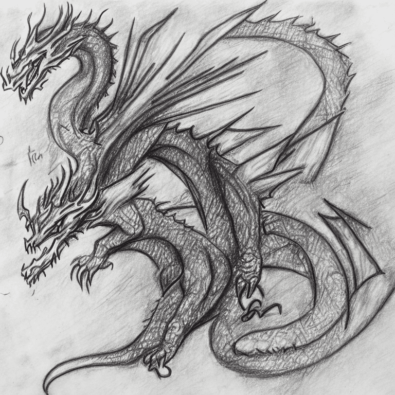 AI generated: pencil illustration, paranoid, annotated, messy, disorganized, Dragon mystical symbol, hand with the...