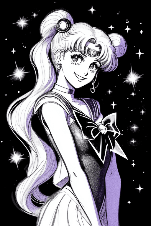 AI generated: sailor moon smiling sketch, black background, bright sparkles