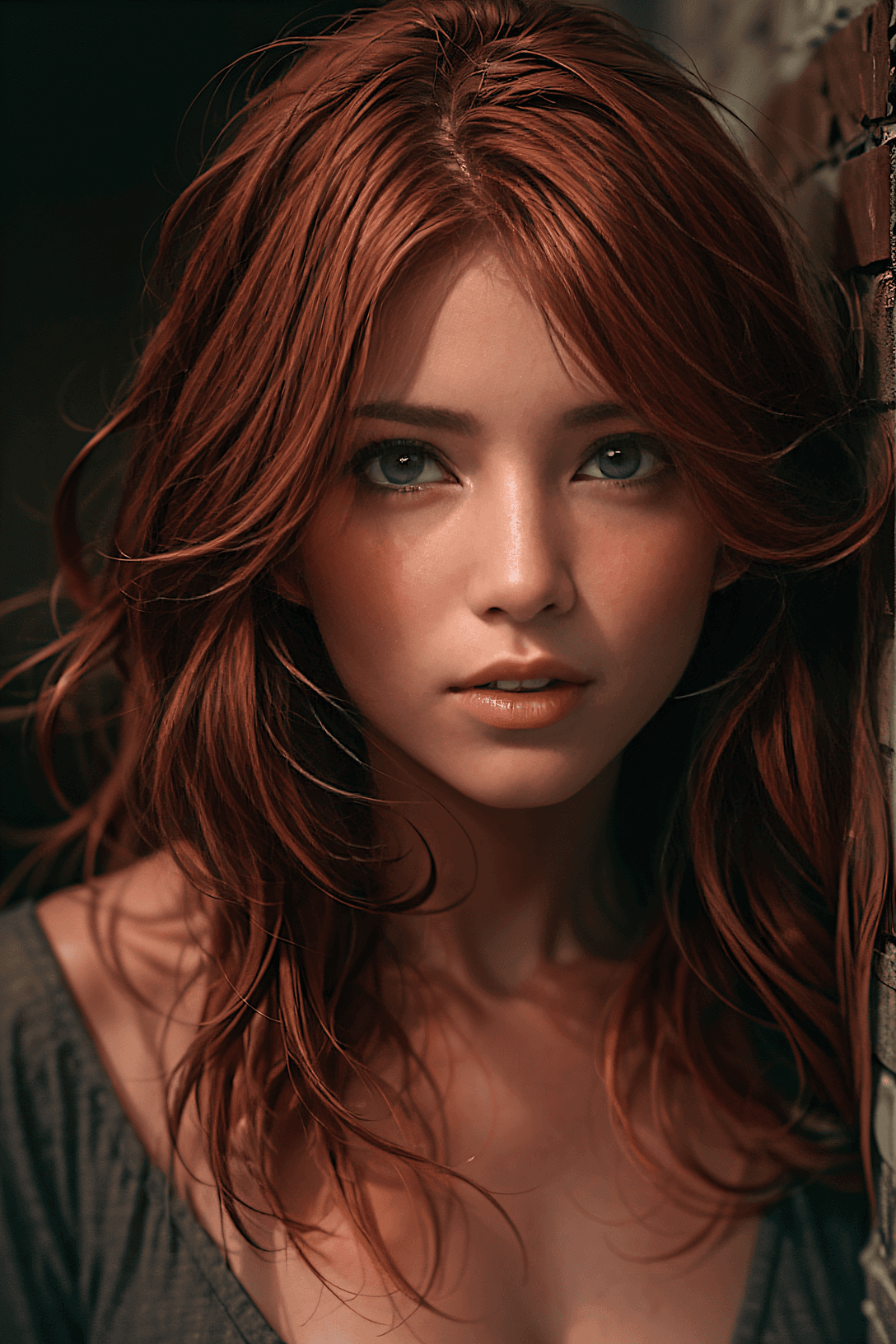 AI generated: Close-up photo of a beautiful Irish girl, adorable face, red long layered hair, no makeup, realistic...