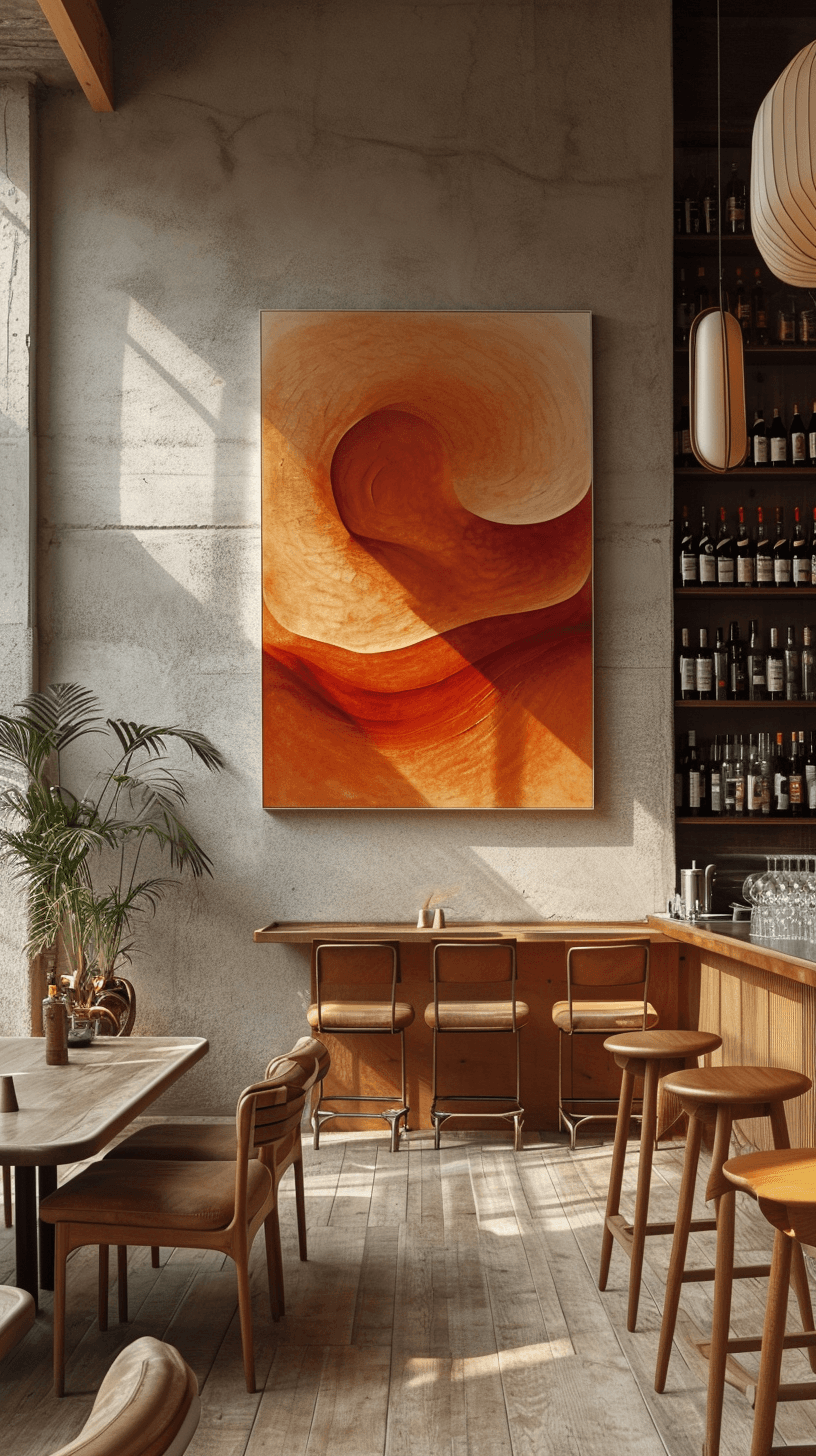 AI generated: eye level, photo, bar, minimalistic interior, abstract large art frame, office snapshot, frame magaz...