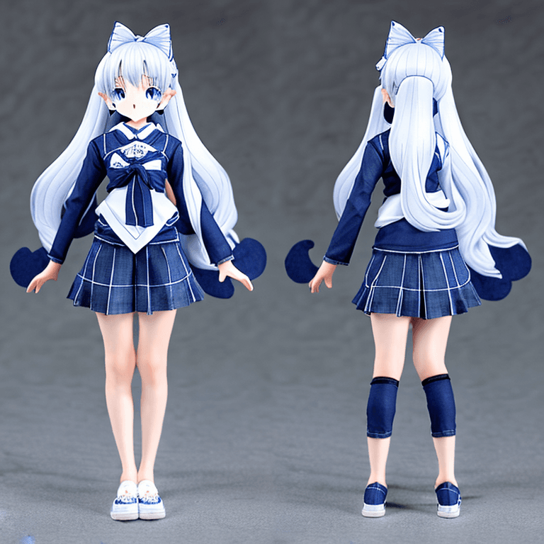 AI generated: anatomically correct, full body t-pose view of anime style wolf girl with dark Chambray blue and whi...