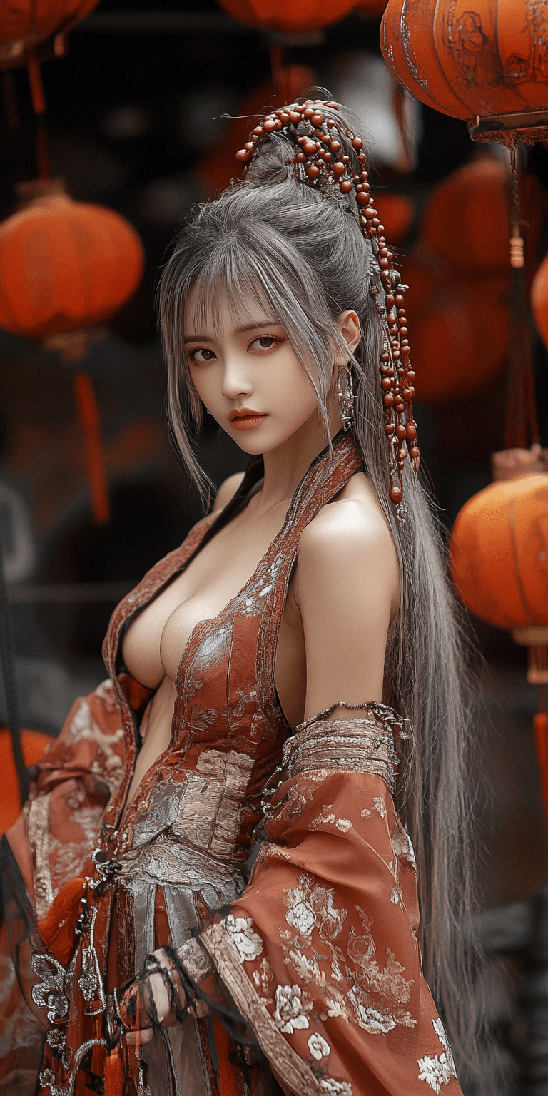 AI generated: A stunning young woman with long, flowing silver-gray hair adorned with intricate red bead hairpins ...