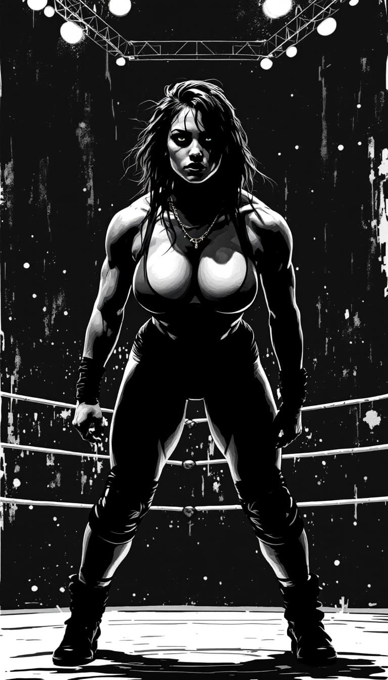 AI generated: A linocut-style digital illustration of a Rule 63, full-body female wrestler, with esthetically disp...