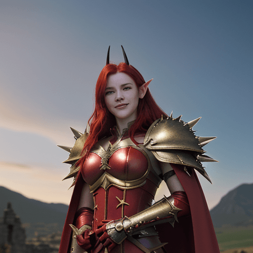 AI generated: red hair, red armor, gold trim, greatsword, dragon horns, spiky armor, elf ears, wind blowing, red c...