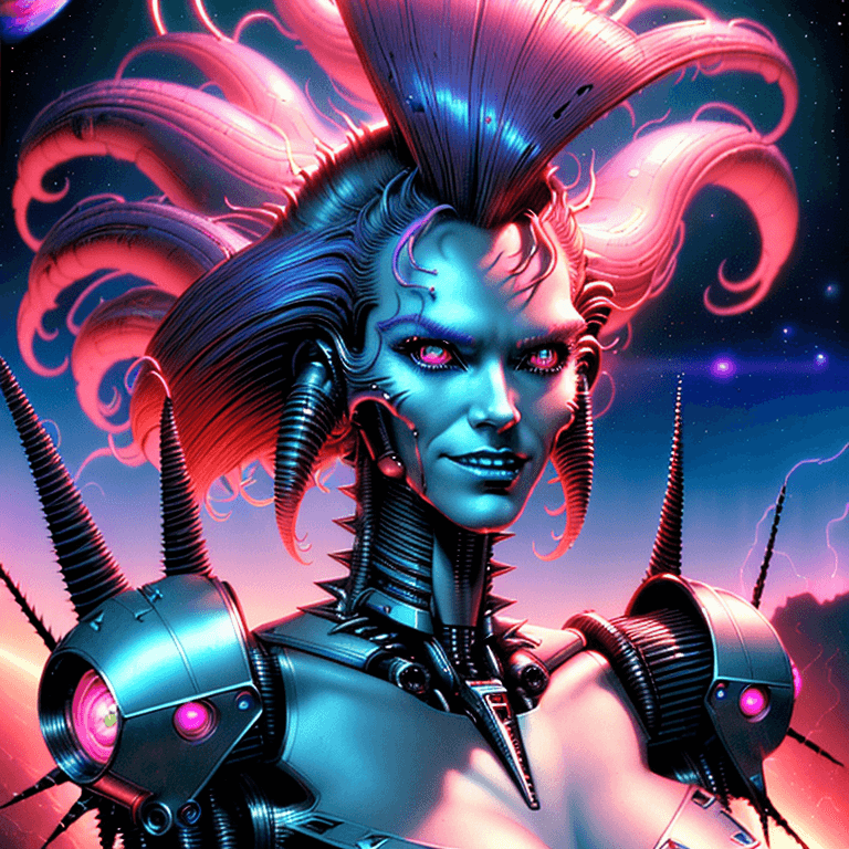 AI generated: a perfect Beautiful Amazing!! Masterpiece!! android female retrowave synthwave cyborg, space age, lo...