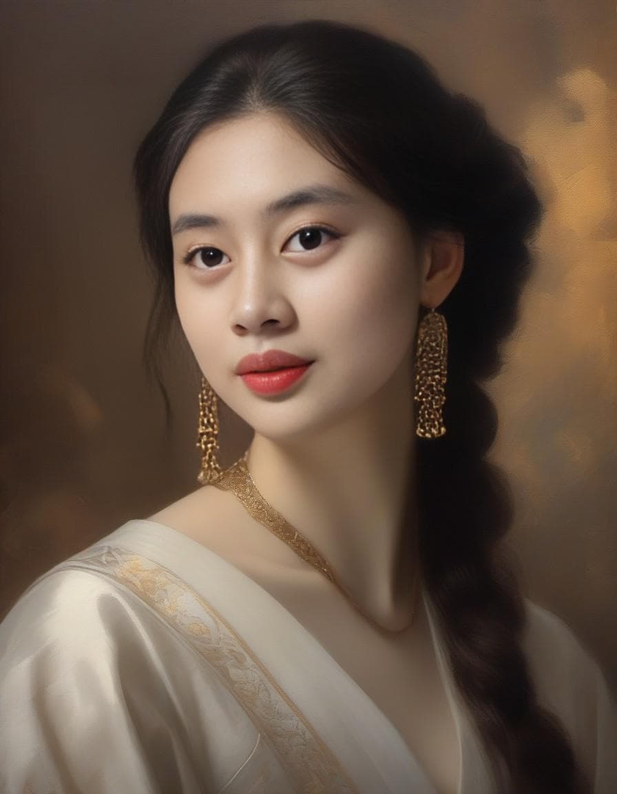 AI generated: professional portrait of XII century woman, happy look, XII century, heavy brushstrokes, textured pa...