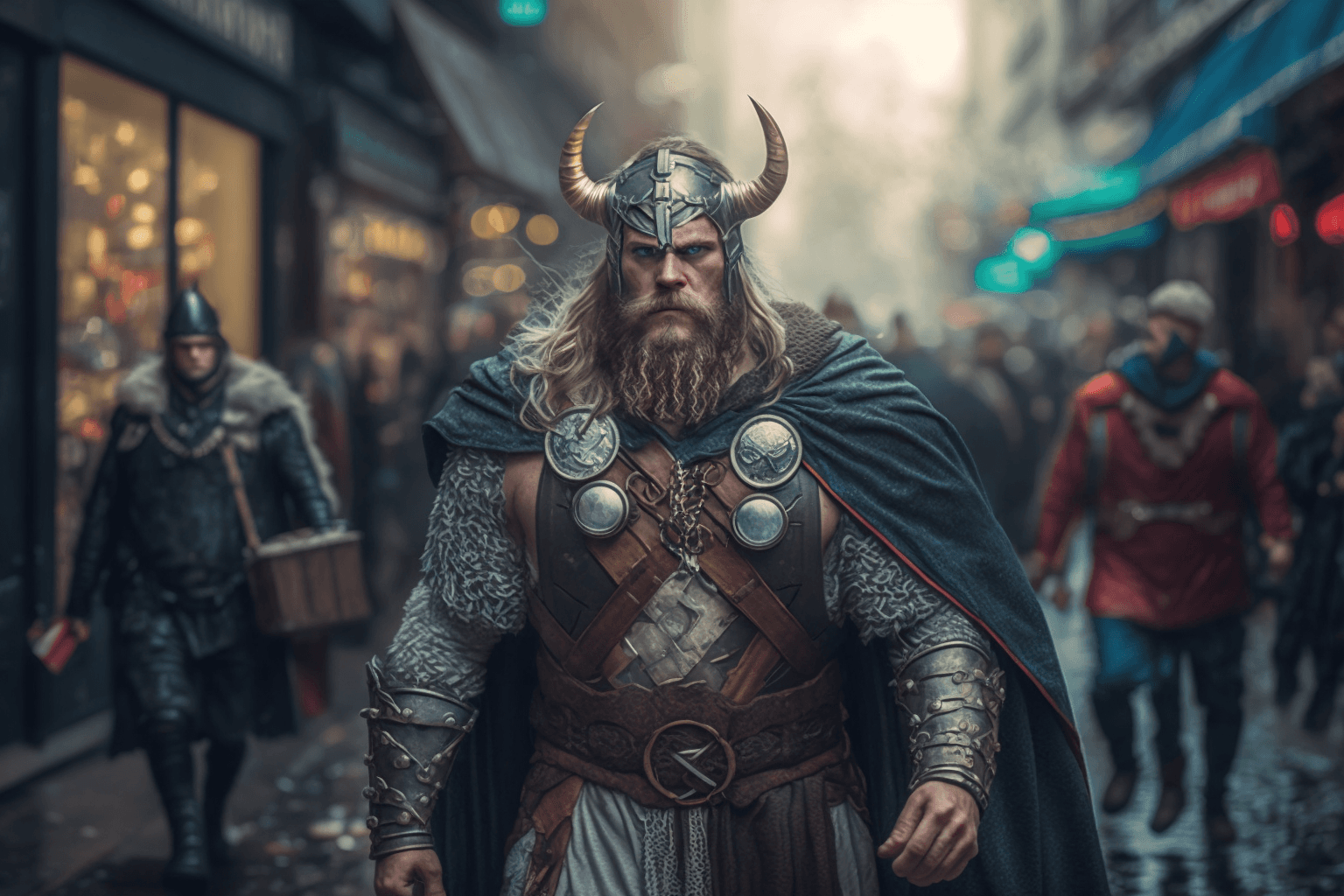 AI generated: Thor god viking walking on the streets of European city with actual people around him cinematic, ult...