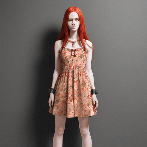 AI generated: Woman with long, straight, red hair and a she is wearing a short floral dress and wearing metal poli...