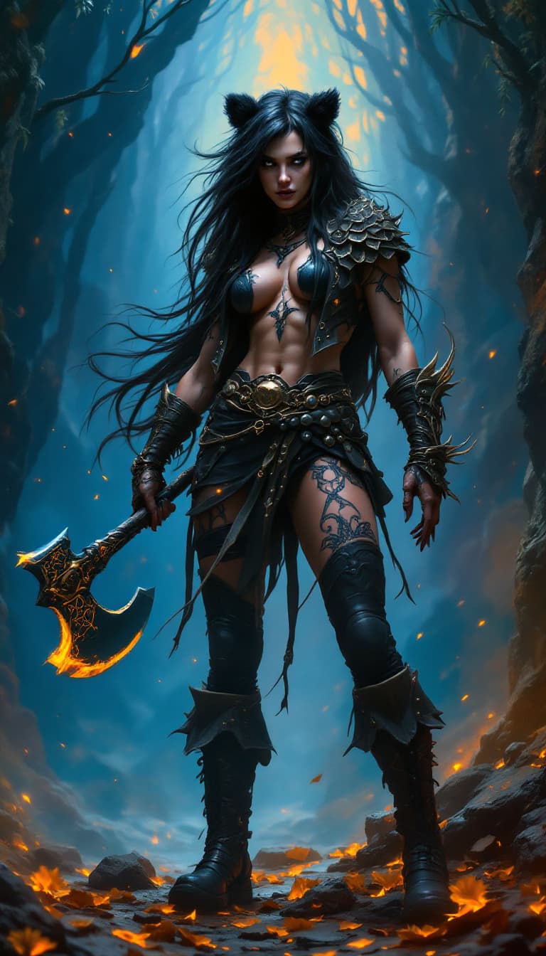 AI generated: "Ursine Champion in Dynamic Contrast": A figure with bear ears and a wild, black mane stands resolut...