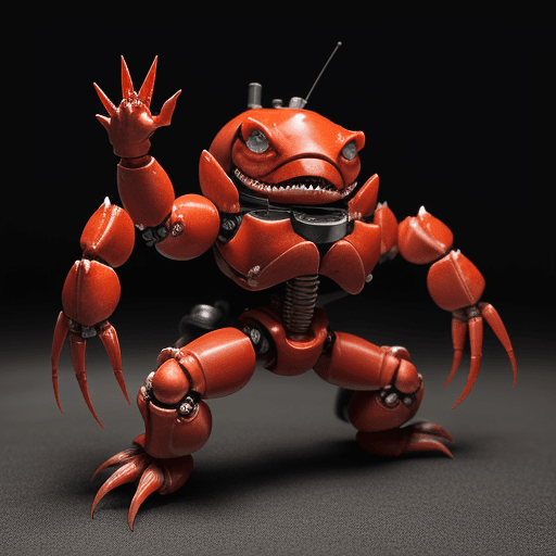 AI generated: A medium-sized red crab with a removable mechanical claw holding a machine gun stands in a fighting ...