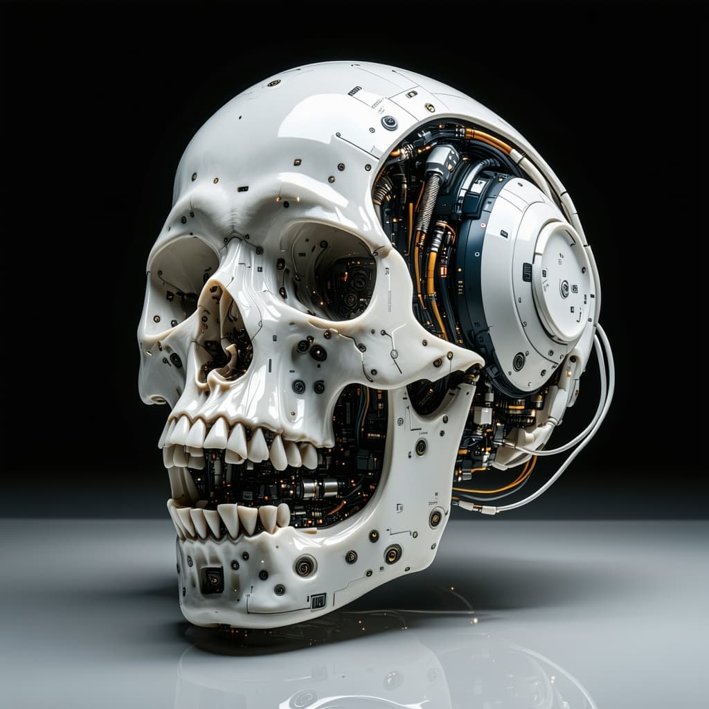 AI generated: highly detailed image of a cybernetic skull, combining elements of both organic and machine, skull i...