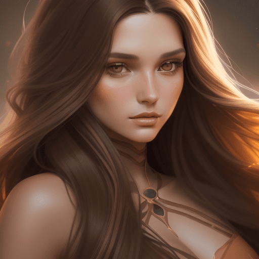 AI generated: an illustration of a woman with long brown hair, dark beige and light amber, close-up, thiago valdi,...
