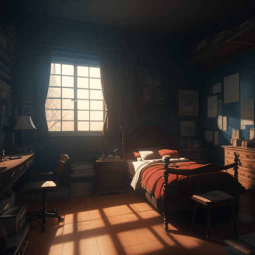 AI generated: Photo of a student bedroom, dramatic light, cinematic lighting, low angle, 4k, hyper realistic, focu...