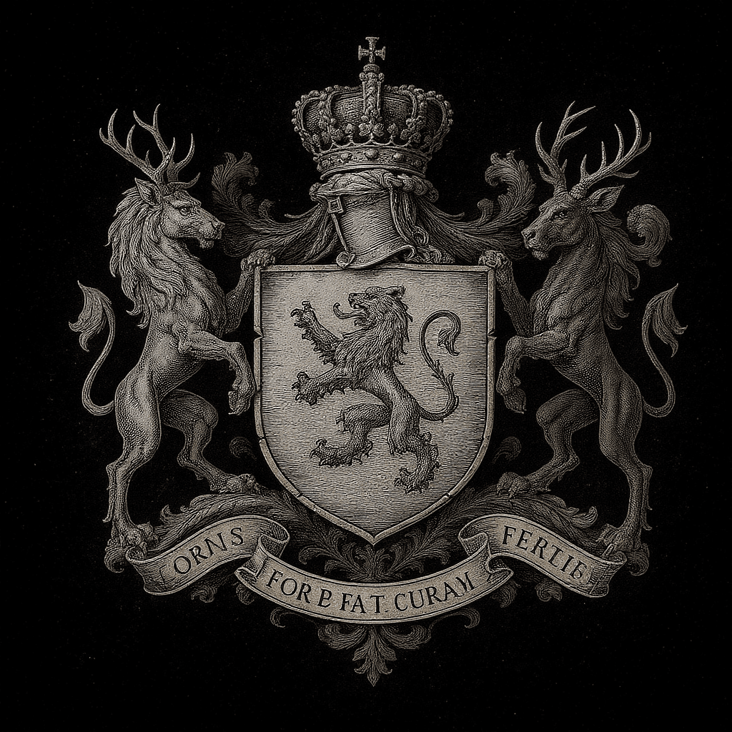 AI generated: Coat of arms with a lion, stags, and crown in the style of an old coat of arms with very detailed en...