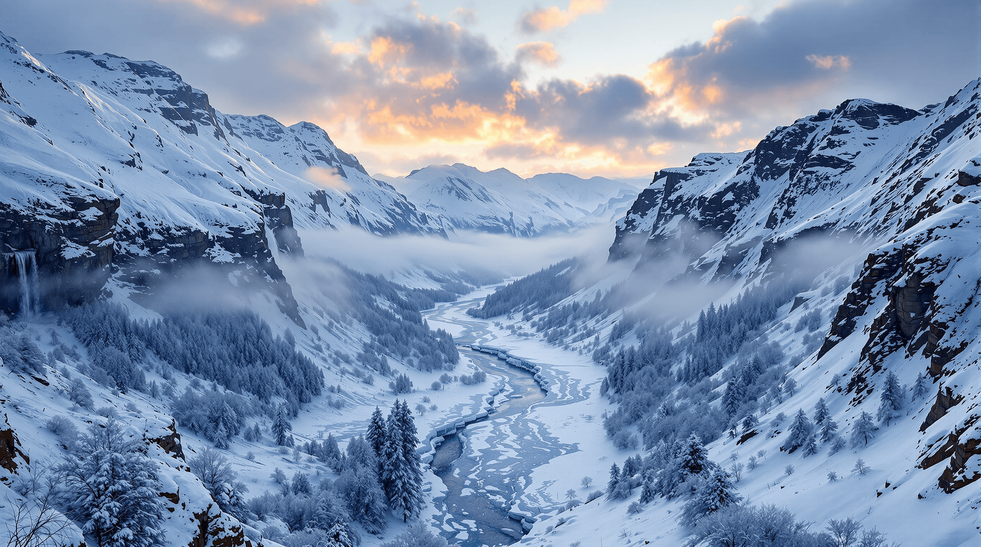 AI generated: windy, snowy valley, with steep mountains around, deeply detailed 4k, drone-like view from above in ...
