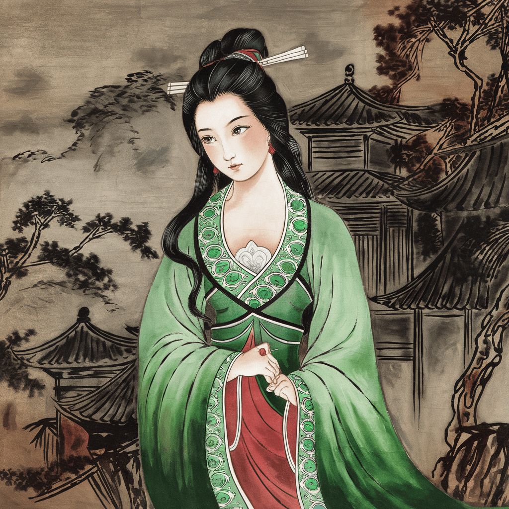 AI generated: a green, white, and red oriental painting, feminine beauty, in the style of botanical impressions, m...