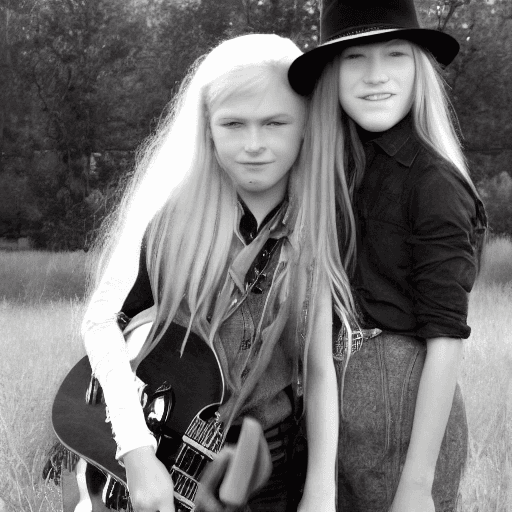 AI generated: slim 12 year old Violet Riot (Cowgirl), with long blonde hair And slim 14 year old Plum Riot (Cowgir...