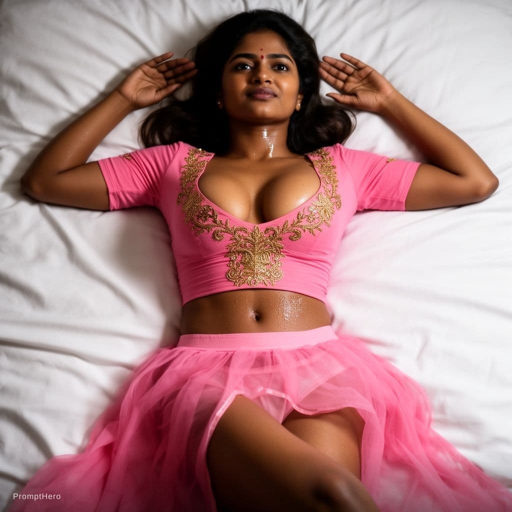 AI generated: Indian girl around age 25 laying over bed with eyes open after satisfaction sex and sweat on face, n...