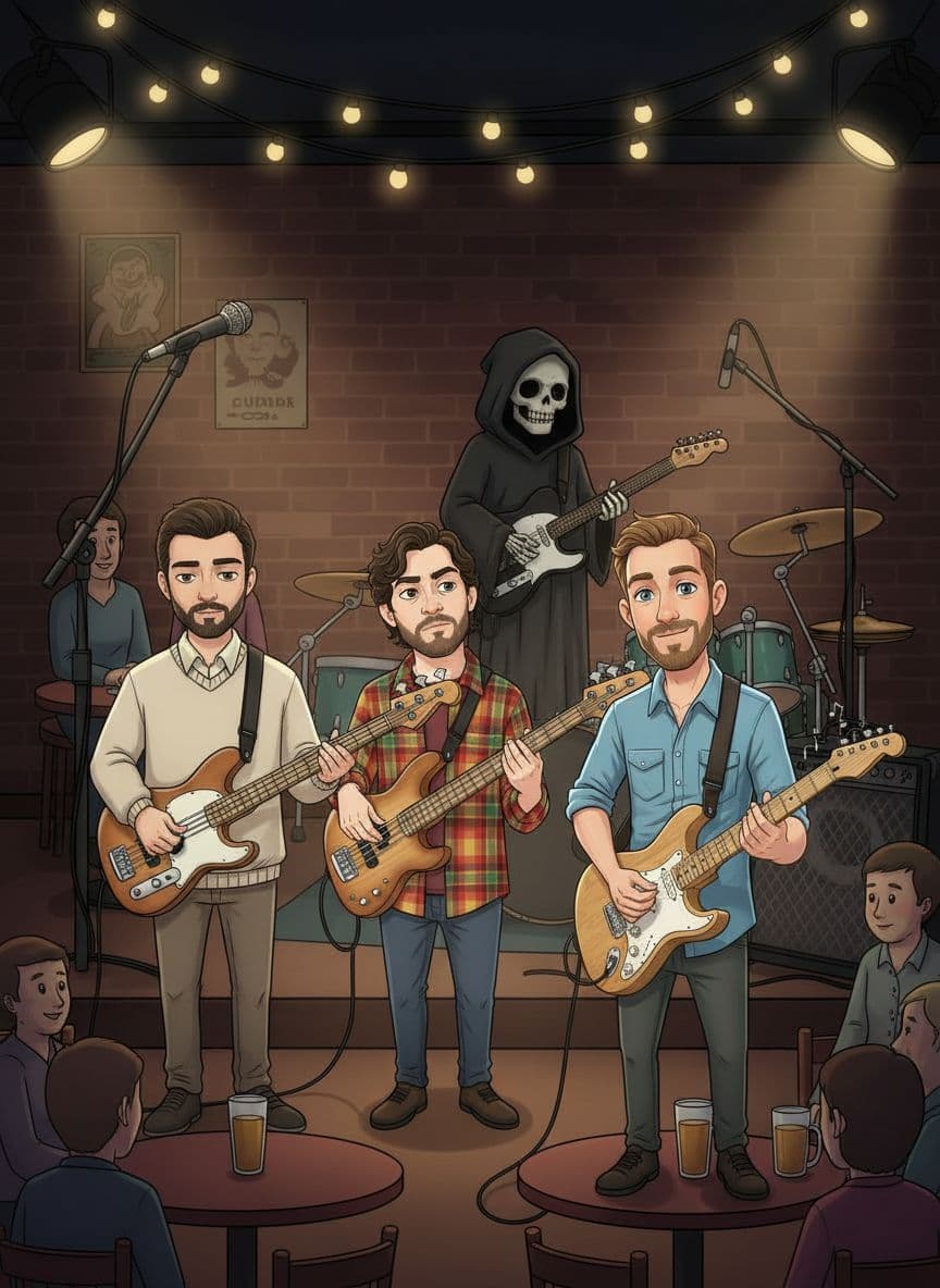 AI generated: Quiero que me hagas a estos 4 personajes en un bar. Todos tienes sus instrumentos y la misma expresi...