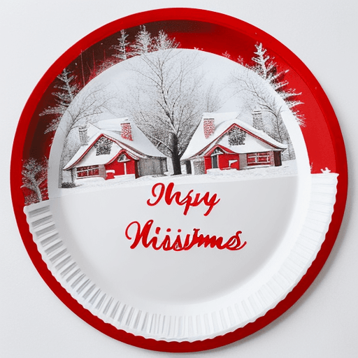 AI generated: red paper plate with white Christmas themed houses and trees pattern, sticker sheet, with a photo re...