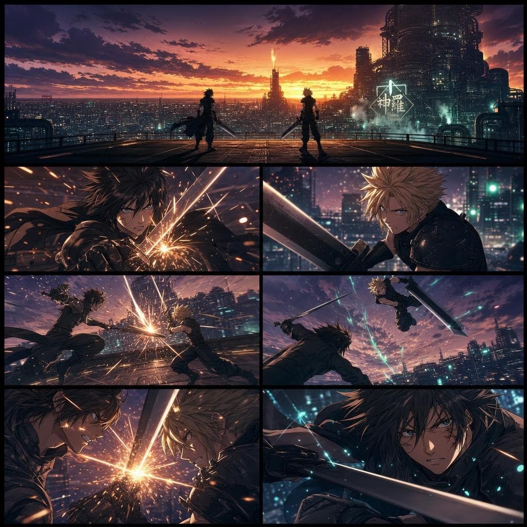 AI generated: Una intensa batalla de espadas contra Cloud Strife de Final Fantasy VII: un joven guerrero se enfren...