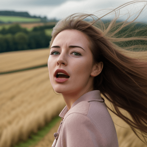 AI generated: Hyper realistic picture, woman in the countryside, zoom in the face, beautiful lips mid open, windy ...
