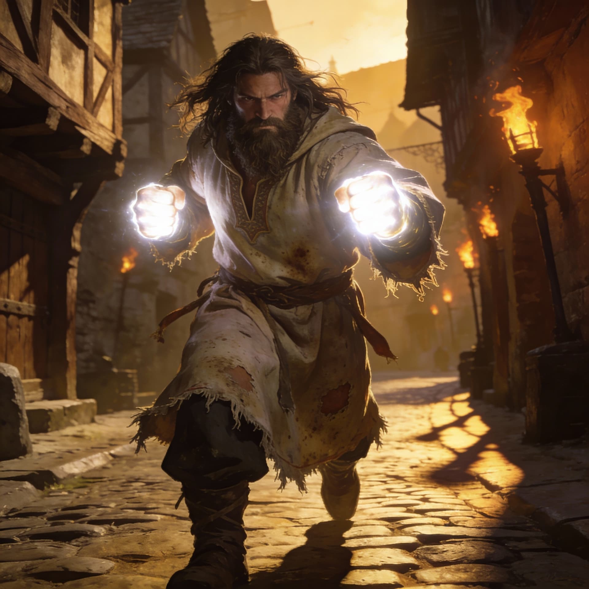 AI generated: human streetfighter with long hair and beard wearing a worn cleric tunic, white light glowing fists,...