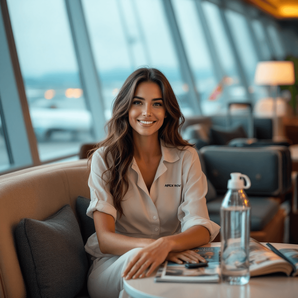 AI generated: "Design an image of a beautiful woman sitting in a premium airport lounge, surrounded by designer lu...