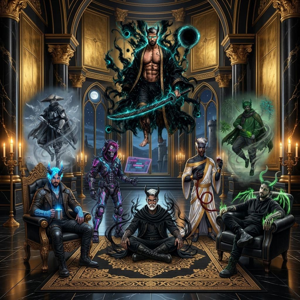 AI generated: put all these demons in a group inside a temple with black and gold style putting the demon wearing ...