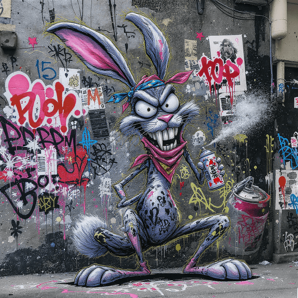 AI generated: funny caricature, graffiti rabbit, 15 years old, urban, edgy, mischievous, elongated ears and exagge...