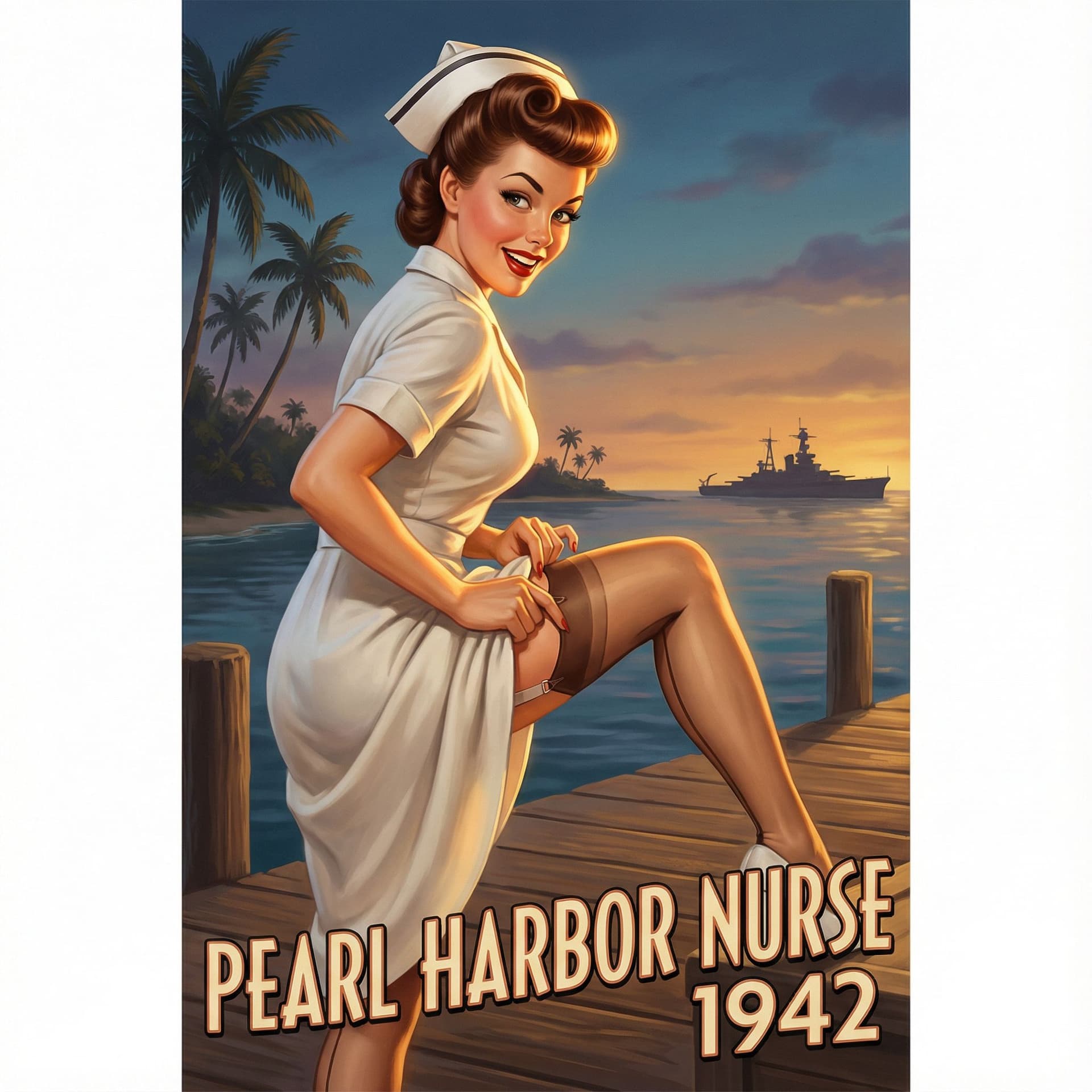AI generated: PEARL HARBOR NURSE 1942 | Vargas & Elvgren Tribute | 8K Pin-Up Glamour A stunning WWII nurse in a st...