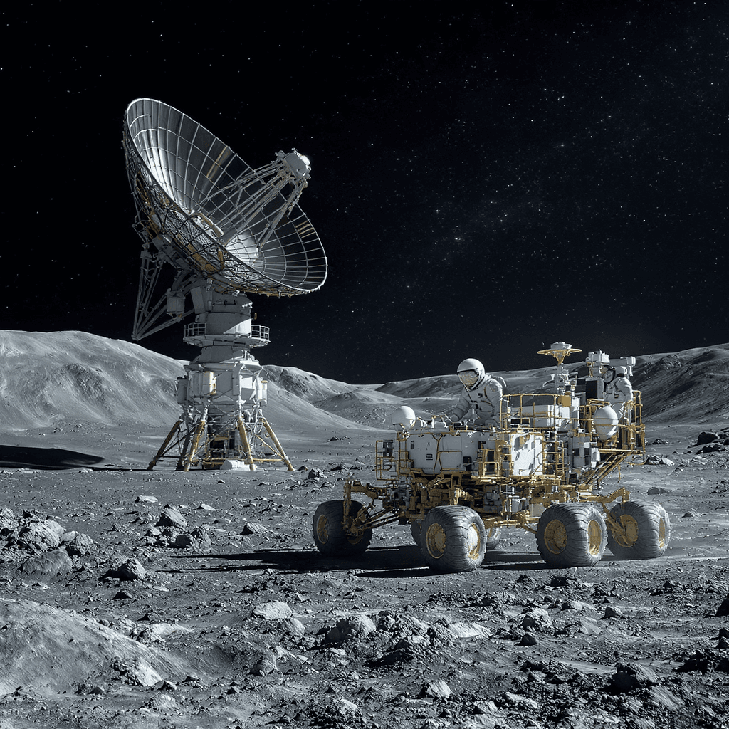 AI generated: Realistic shot of astronauts on the surface of a planet, with a lunar rover and space station in the...