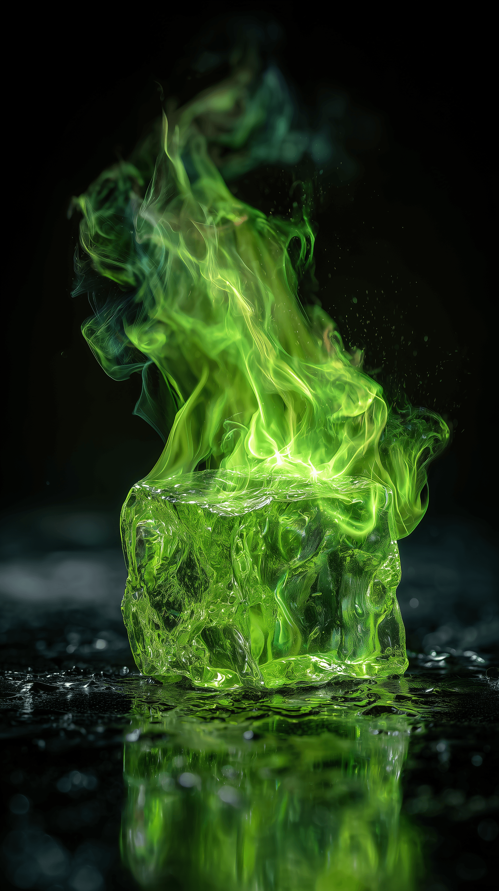 AI generated: photography, intense fluorescent green color fire burning ice cube, melting ice, solid black backgro...