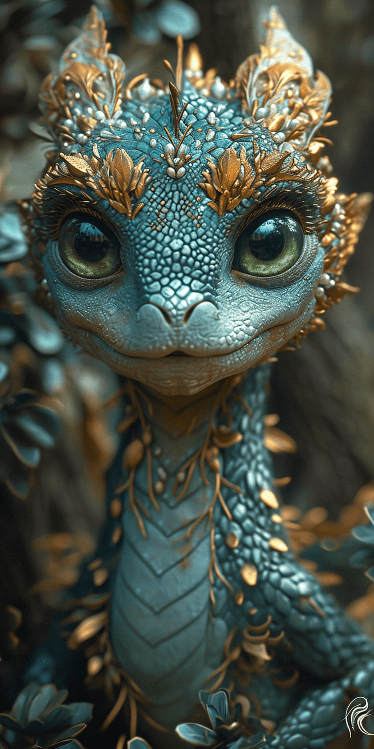 AI generated: baby dragon in the forest near trees with large green eyes, in the style of intricate, whimsical det...