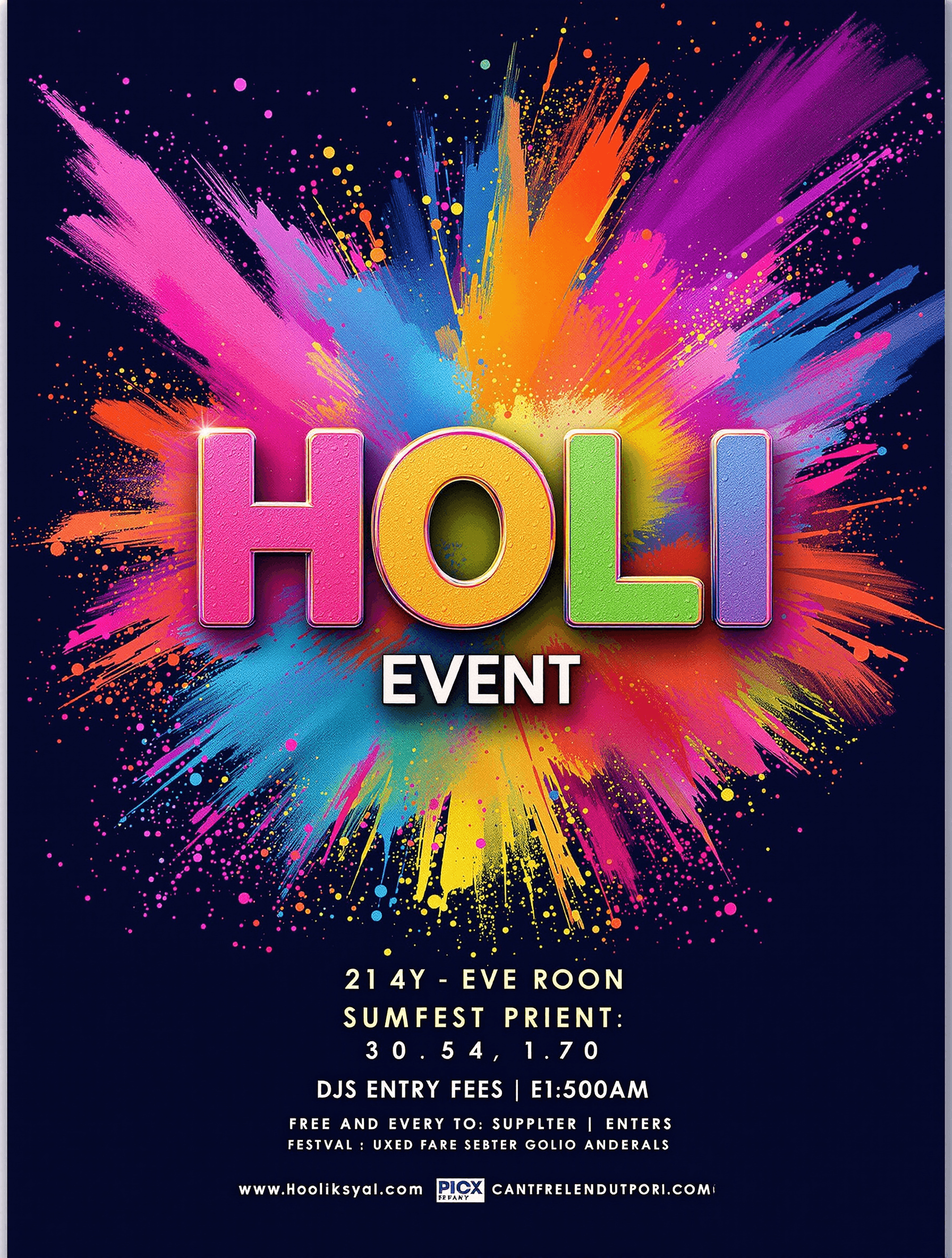 AI generated: Dynamic Holi party poster featuring vibrant, colorful powder splatters.  Bold, stylized "HOLI EVENT"...