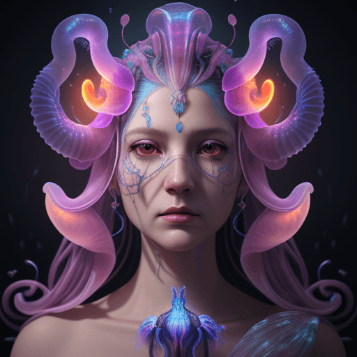 AI generated: Goddess close-up portrait ribcagel. jellyfish phoenix head, nautilus, orchid, skull, betta fish, bio...
