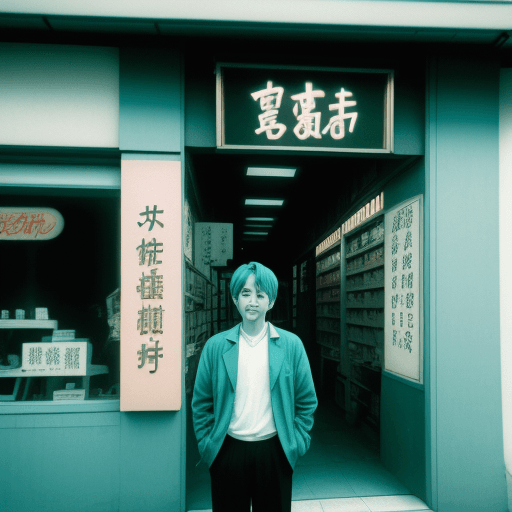 AI generated: a smiling man standing in front of a shop, in the style of shige's visual aesthetic style, low speed...