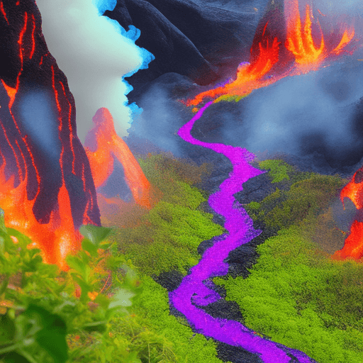 AI generated: a flow of lava pouring downhill through a forrest burning everything in its path water pouring down ...