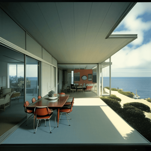 AI generated: Hyper realistic eye level exterior photo of a mid century modern style house overlooking the ocean, ...