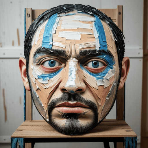 AI generated: sad man's face, eyes are teary, pallet knife painted, thick textured, thick layers of paint, sitting...