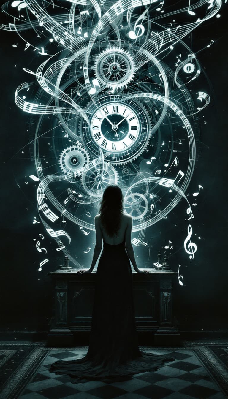 AI generated: A poignant, full-body reflection of a woman standing in front of a giant, antique music box, its gea...