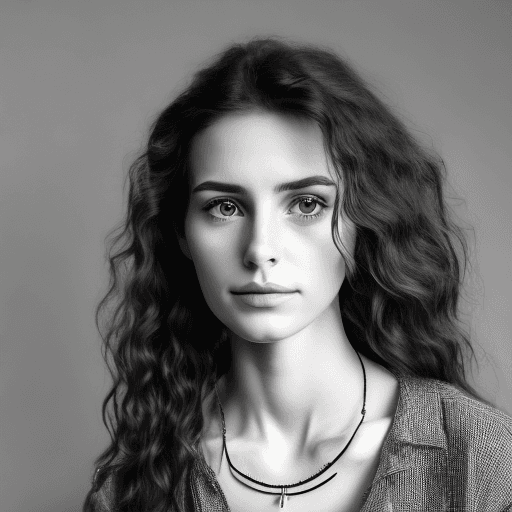 AI generated: A black and white image of a young woman with medium-length wavy hair. She wears a casual yet stylis...