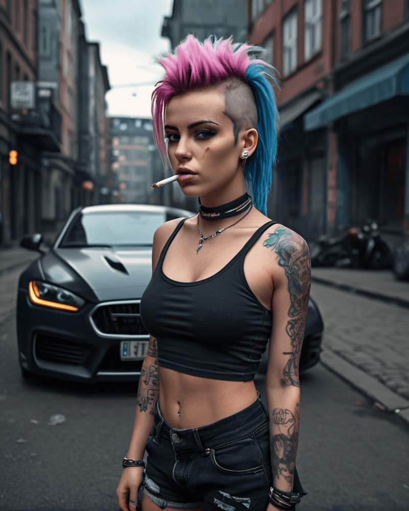 AI generated: a beautiful busty young sweden girl, a punk female lean against the black sport car at the middle of...